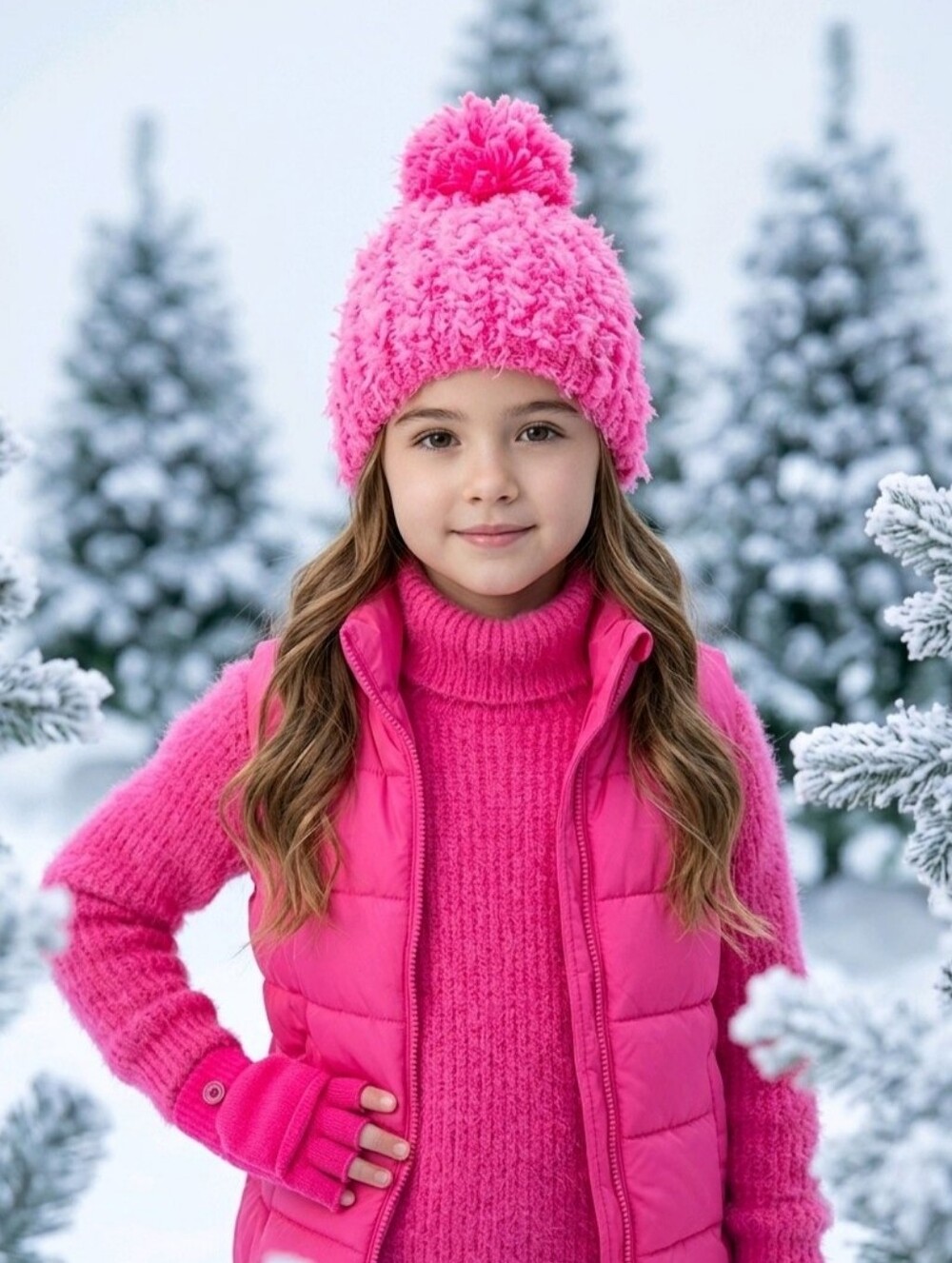 SO Kids Pink Knit Beanie Fingerless Gloves Mitten Flap Set Pom Pom NWT Age 4-7